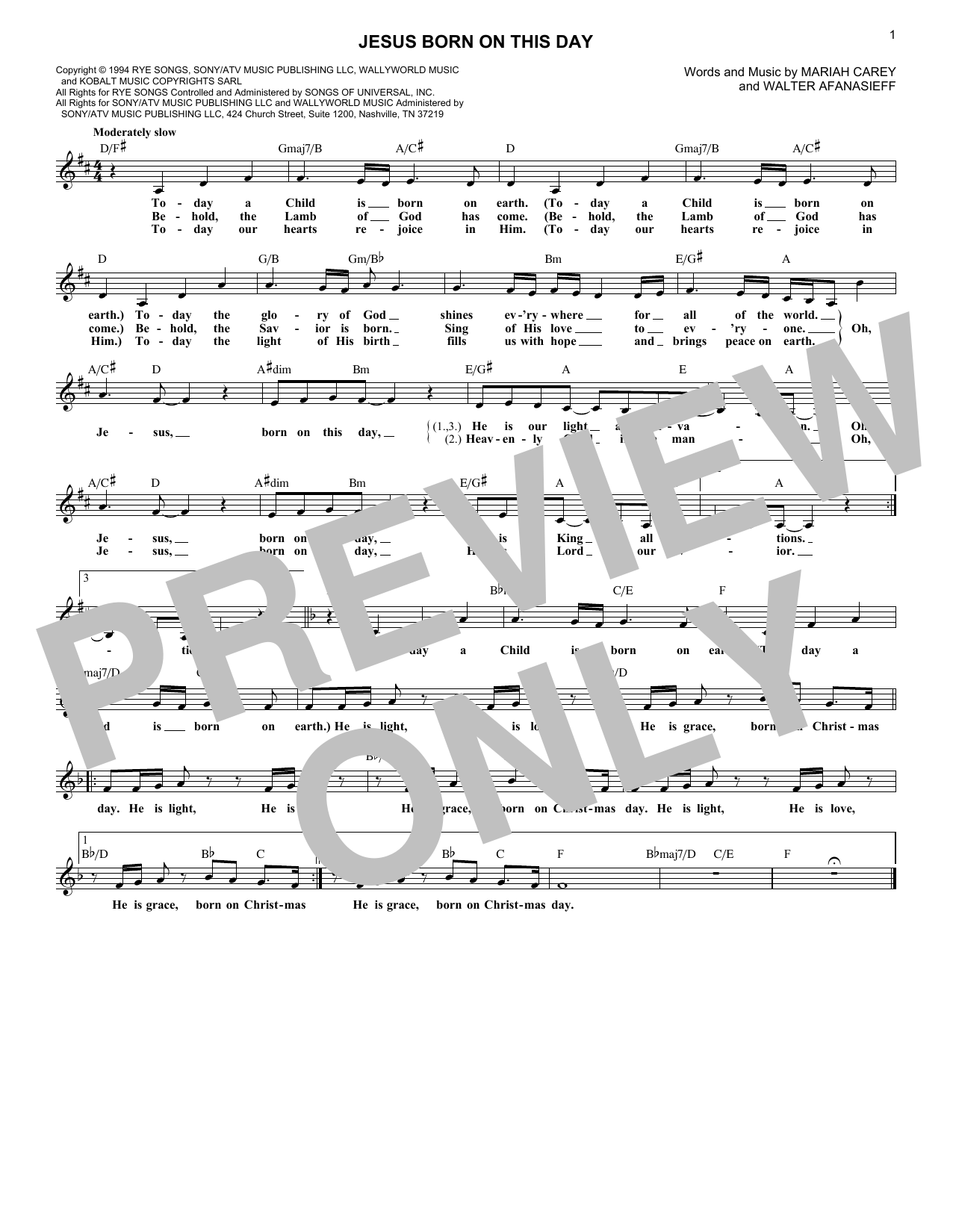 Preview Mariah Carey Jesus Born On This Day Religious sheet music, notes and chords for Melody Line, Lyrics & Chords, SKU: 173105 sheet music, piano notes, chords, guitar tabs, score, transpose, transcribe, how to play, guide, download, learn, tutorial, progression, song, artist, awards, billboard, mtv, vh1, tour, single, album, release