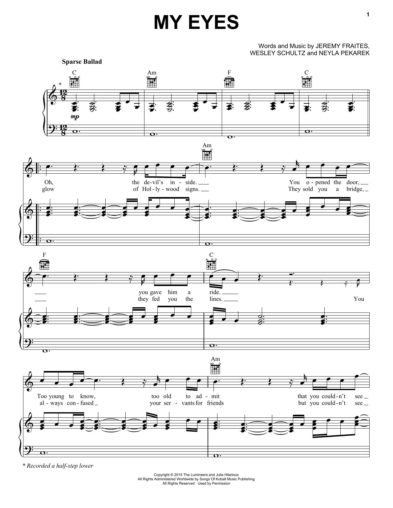 Preview The Lumineers My Eyes Pop sheet music, notes and chords for Piano, Vocal & Guitar (Right-Hand Melody), SKU: 173125 sheet music, piano notes, chords, guitar tabs, score, transpose, transcribe, how to play, guide, download, learn, tutorial, progression, song, artist, awards, billboard, mtv, vh1, tour, single, album, release