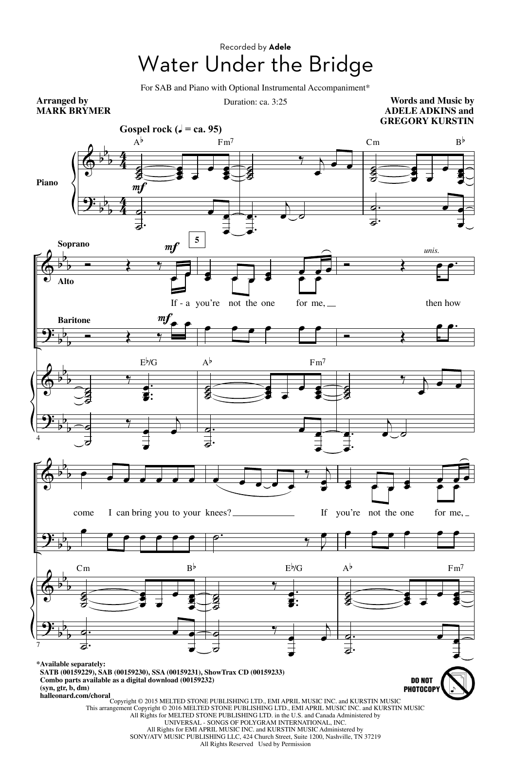 Preview Adele Water Under The Bridge (arr. Mark Brymer) Rock sheet music, notes and chords for SAB, SKU: 173917 sheet music, piano notes, chords, guitar tabs, score, transpose, transcribe, how to play, guide, download, learn, tutorial, progression, song, artist, awards, billboard, mtv, vh1, tour, single, album, release