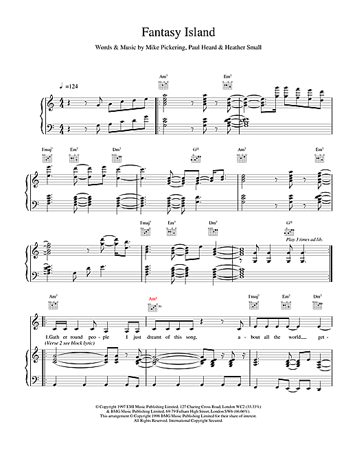 Preview M People Fantasy Island Soul sheet music, notes and chords for Piano, Vocal & Guitar, SKU: 17606 sheet music, piano notes, chords, guitar tabs, score, transpose, transcribe, how to play, guide, download, learn, tutorial, progression, song, artist, awards, billboard, mtv, vh1, tour, single, album, release