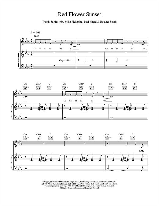 Preview M People Red Flower Sunset Soul sheet music, notes and chords for Piano, Vocal & Guitar, SKU: 17613 sheet music, piano notes, chords, guitar tabs, score, transpose, transcribe, how to play, guide, download, learn, tutorial, progression, song, artist, awards, billboard, mtv, vh1, tour, single, album, release