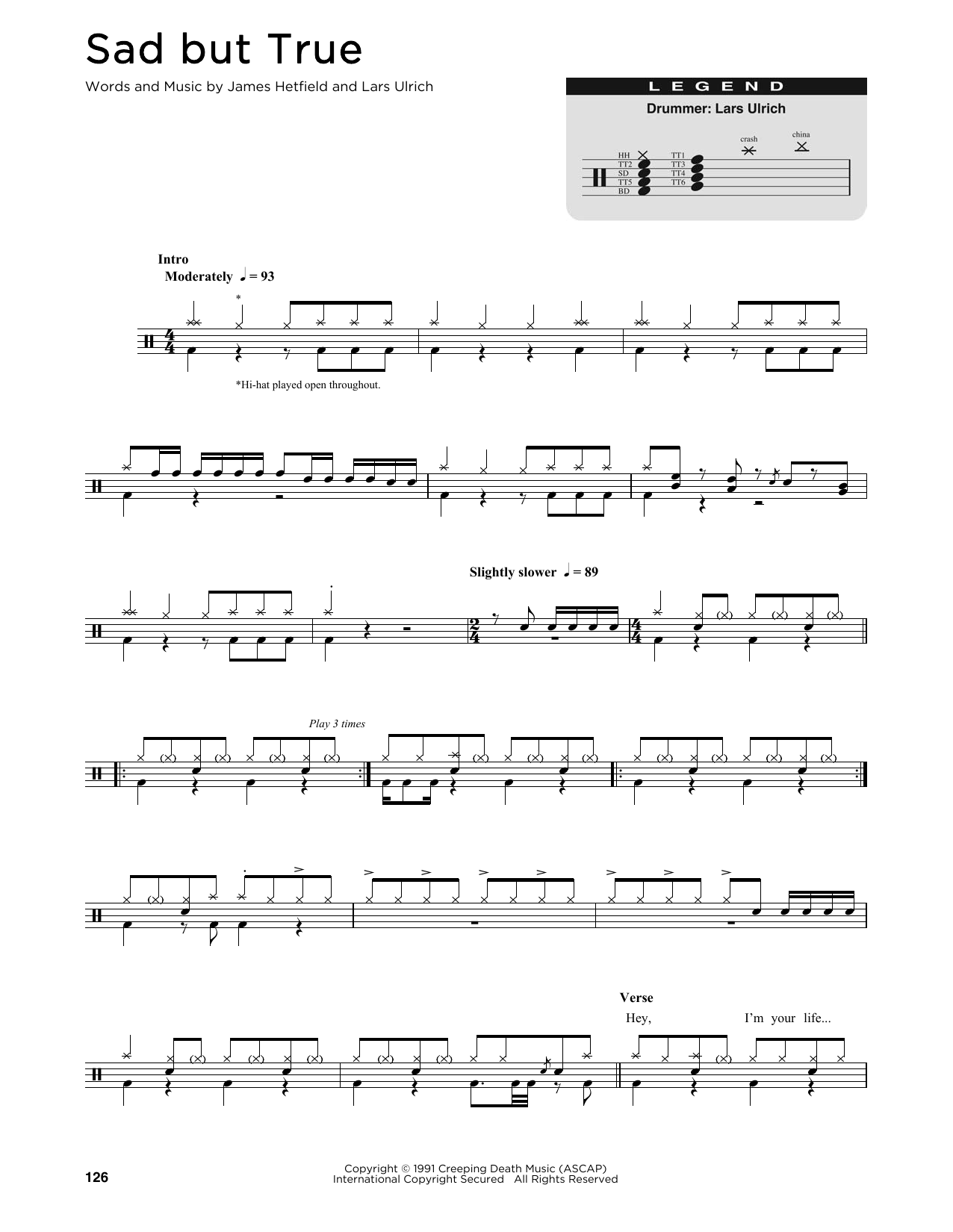 Preview Metallica Sad But True Pop sheet music, notes and chords for Drums Transcription, SKU: 176317 sheet music, piano notes, chords, guitar tabs, score, transpose, transcribe, how to play, guide, download, learn, tutorial, progression, song, artist, awards, billboard, mtv, vh1, tour, single, album, release