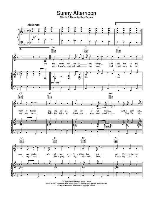 Preview The Kinks Sunny Afternoon Rock sheet music, notes and chords for Piano, Vocal & Guitar (Right-Hand Melody), SKU: 17645 sheet music, piano notes, chords, guitar tabs, score, transpose, transcribe, how to play, guide, download, learn, tutorial, progression, song, artist, awards, billboard, mtv, vh1, tour, single, album, release