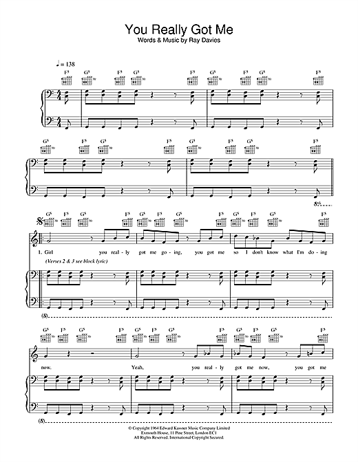 Preview The Kinks You Really Got Me Rock sheet music, notes and chords for Piano, Vocal & Guitar, SKU: 17646 sheet music, piano notes, chords, guitar tabs, score, transpose, transcribe, how to play, guide, download, learn, tutorial, progression, song, artist, awards, billboard, mtv, vh1, tour, single, album, release