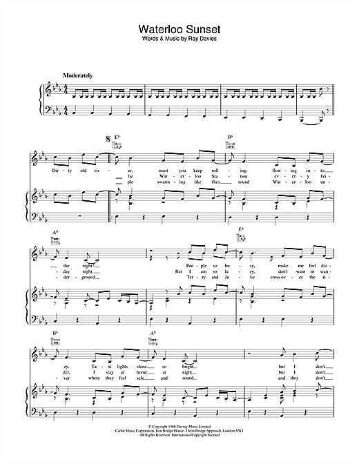 Preview The Kinks Waterloo Sunset Rock sheet music, notes and chords for Piano, Vocal & Guitar (Right-Hand Melody), SKU: 17647 sheet music, piano notes, chords, guitar tabs, score, transpose, transcribe, how to play, guide, download, learn, tutorial, progression, song, artist, awards, billboard, mtv, vh1, tour, single, album, release