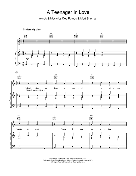 Preview Dion & The Belmonts A Teenager In Love Classics sheet music, notes and chords for Piano, Vocal & Guitar (Right-Hand Melody), SKU: 17690 sheet music, piano notes, chords, guitar tabs, score, transpose, transcribe, how to play, guide, download, learn, tutorial, progression, song, artist, awards, billboard, mtv, vh1, tour, single, album, release