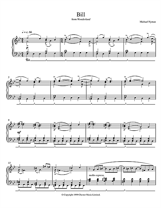Preview Michael Nyman Bill (from Wonderland) Film and TV sheet music, notes and chords for Piano, SKU: 17695 sheet music, piano notes, chords, guitar tabs, score, transpose, transcribe, how to play, guide, download, learn, tutorial, progression, song, artist, awards, billboard, mtv, vh1, tour, single, album, release