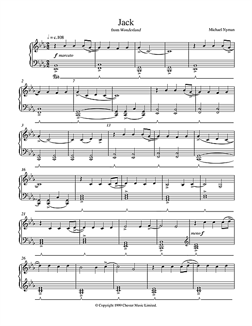 Preview Michael Nyman Jack (from Wonderland) Film and TV sheet music, notes and chords for Piano, SKU: 17698 sheet music, piano notes, chords, guitar tabs, score, transpose, transcribe, how to play, guide, download, learn, tutorial, progression, song, artist, awards, billboard, mtv, vh1, tour, single, album, release