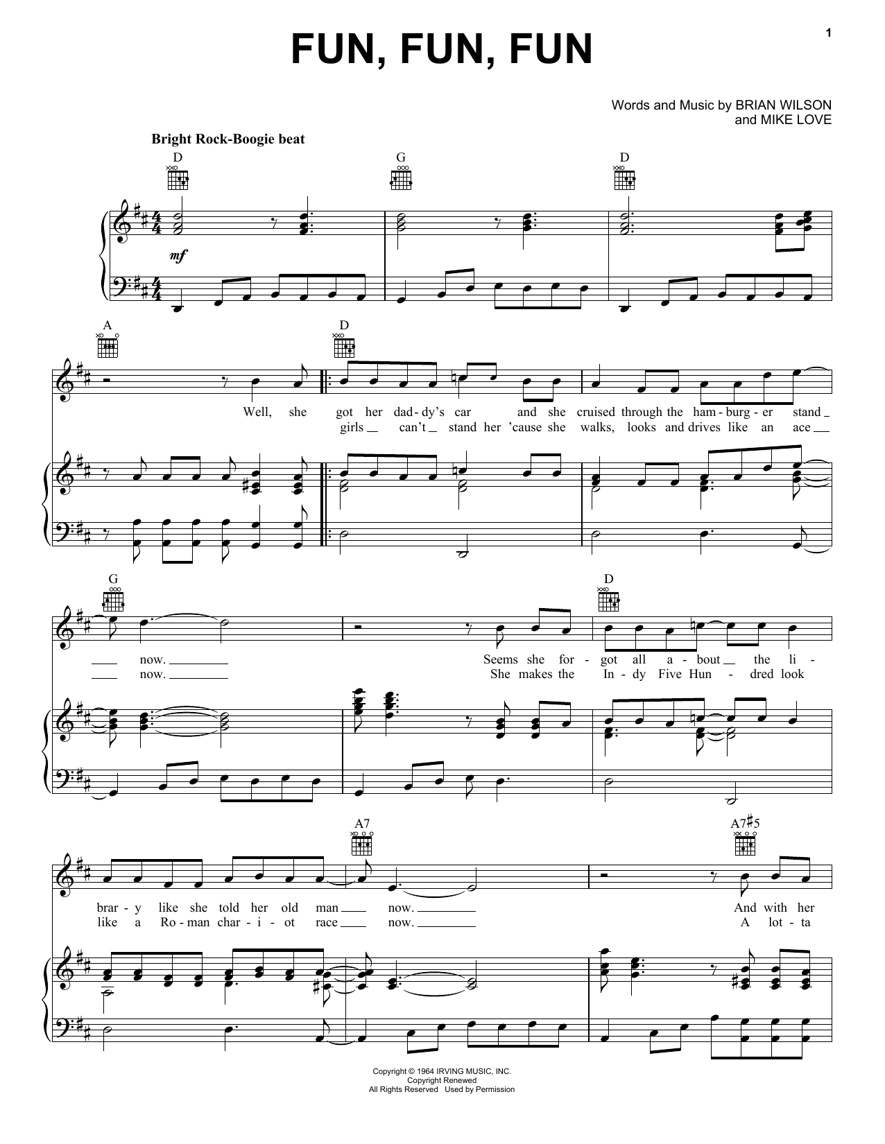 Preview The Beach Boys Fun, Fun, Fun Pop sheet music, notes and chords for Piano, Vocal & Guitar (Right-Hand Melody), SKU: 17757 sheet music, piano notes, chords, guitar tabs, score, transpose, transcribe, how to play, guide, download, learn, tutorial, progression, song, artist, awards, billboard, mtv, vh1, tour, single, album, release
