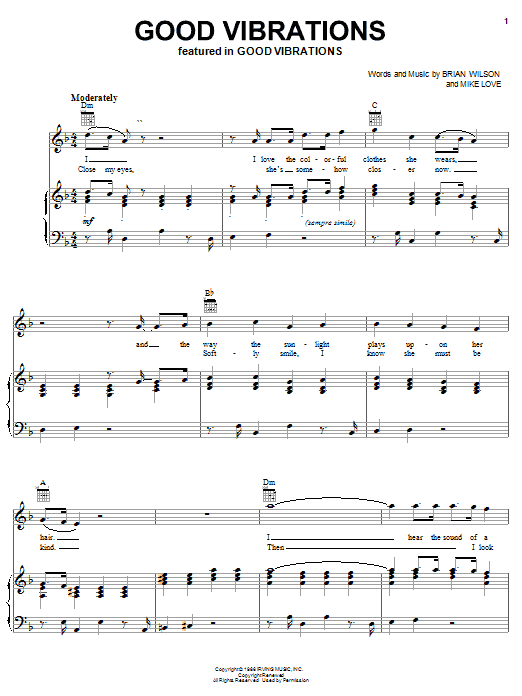 Preview The Beach Boys Good Vibrations Rock sheet music, notes and chords for Piano, Vocal & Guitar (Right-Hand Melody), SKU: 17758 sheet music, piano notes, chords, guitar tabs, score, transpose, transcribe, how to play, guide, download, learn, tutorial, progression, song, artist, awards, billboard, mtv, vh1, tour, single, album, release