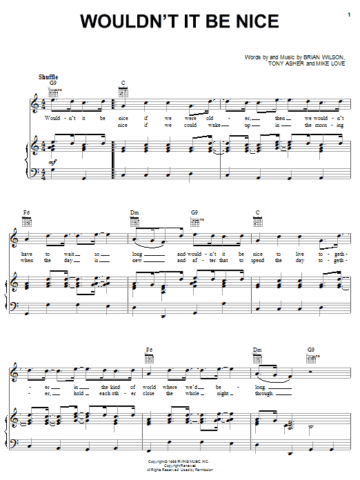 Preview The Beach Boys Wouldn't It Be Nice Pop sheet music, notes and chords for Piano, Vocal & Guitar (Right-Hand Melody), SKU: 17762 sheet music, piano notes, chords, guitar tabs, score, transpose, transcribe, how to play, guide, download, learn, tutorial, progression, song, artist, awards, billboard, mtv, vh1, tour, single, album, release