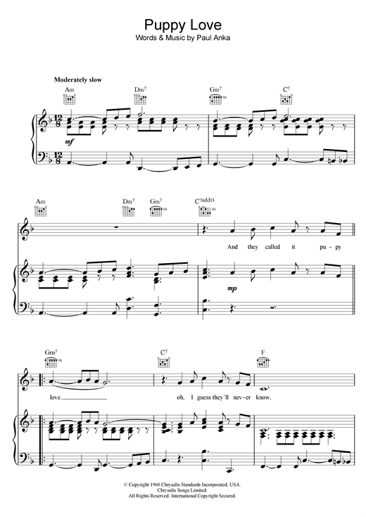 Preview Paul Anka Puppy Love Pop sheet music, notes and chords for Piano, Vocal & Guitar (Right-Hand Melody), SKU: 17776 sheet music, piano notes, chords, guitar tabs, score, transpose, transcribe, how to play, guide, download, learn, tutorial, progression, song, artist, awards, billboard, mtv, vh1, tour, single, album, release