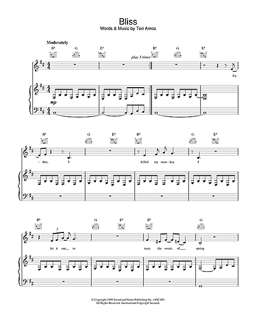 Preview Tori Amos Bliss Pop sheet music, notes and chords for Piano, Vocal & Guitar (Right-Hand Melody), SKU: 17778 sheet music, piano notes, chords, guitar tabs, score, transpose, transcribe, how to play, guide, download, learn, tutorial, progression, song, artist, awards, billboard, mtv, vh1, tour, single, album, release