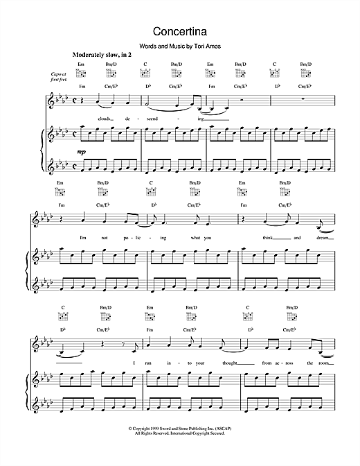 Preview Tori Amos Concertina Pop sheet music, notes and chords for Piano, Vocal & Guitar (Right-Hand Melody), SKU: 17779 sheet music, piano notes, chords, guitar tabs, score, transpose, transcribe, how to play, guide, download, learn, tutorial, progression, song, artist, awards, billboard, mtv, vh1, tour, single, album, release