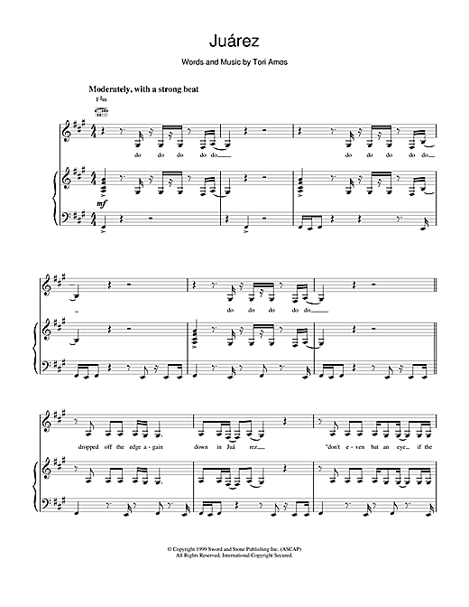 Preview Tori Amos Juarez Pop sheet music, notes and chords for Piano, Vocal & Guitar (Right-Hand Melody), SKU: 17784 sheet music, piano notes, chords, guitar tabs, score, transpose, transcribe, how to play, guide, download, learn, tutorial, progression, song, artist, awards, billboard, mtv, vh1, tour, single, album, release