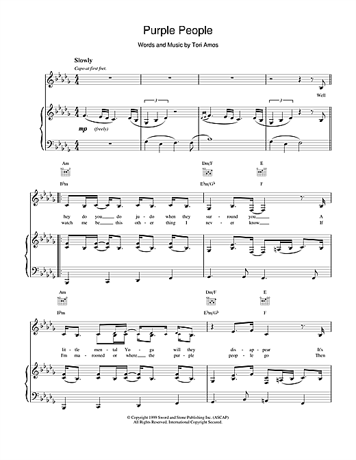 Preview Tori Amos Purple people Pop sheet music, notes and chords for Piano, Vocal & Guitar (Right-Hand Melody), SKU: 17786 sheet music, piano notes, chords, guitar tabs, score, transpose, transcribe, how to play, guide, download, learn, tutorial, progression, song, artist, awards, billboard, mtv, vh1, tour, single, album, release