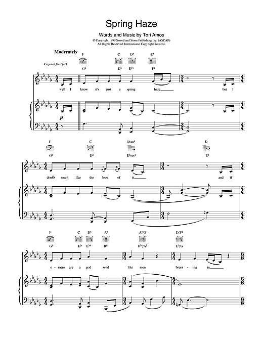 Preview Tori Amos Spring Haze Pop sheet music, notes and chords for Piano, Vocal & Guitar (Right-Hand Melody), SKU: 17788 sheet music, piano notes, chords, guitar tabs, score, transpose, transcribe, how to play, guide, download, learn, tutorial, progression, song, artist, awards, billboard, mtv, vh1, tour, single, album, release