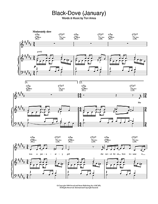 Preview Tori Amos Black Dove (January) Pop sheet music, notes and chords for Piano, Vocal & Guitar, SKU: 17790 sheet music, piano notes, chords, guitar tabs, score, transpose, transcribe, how to play, guide, download, learn, tutorial, progression, song, artist, awards, billboard, mtv, vh1, tour, single, album, release