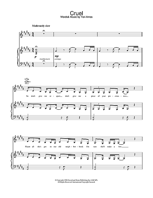 Preview Tori Amos Cruel Pop sheet music, notes and chords for Piano, Vocal & Guitar (Right-Hand Melody), SKU: 17791 sheet music, piano notes, chords, guitar tabs, score, transpose, transcribe, how to play, guide, download, learn, tutorial, progression, song, artist, awards, billboard, mtv, vh1, tour, single, album, release