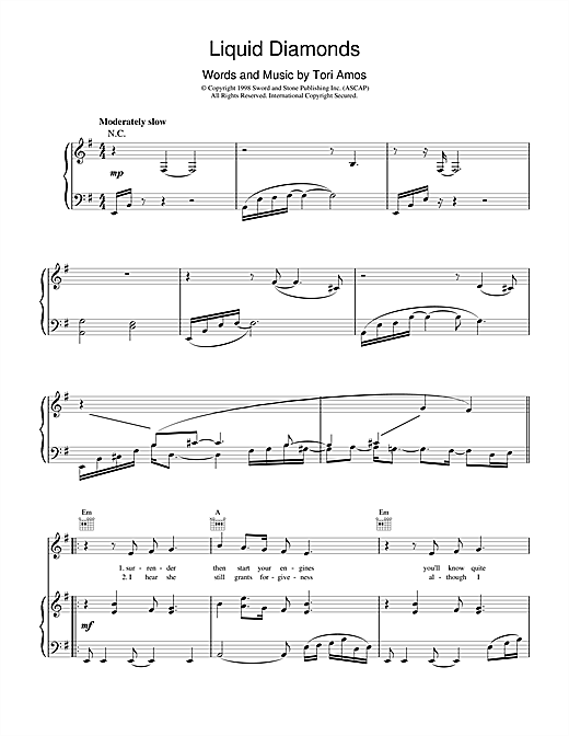 Preview Tori Amos Liquid Diamonds Pop sheet music, notes and chords for Piano, Vocal & Guitar (Right-Hand Melody), SKU: 17795 sheet music, piano notes, chords, guitar tabs, score, transpose, transcribe, how to play, guide, download, learn, tutorial, progression, song, artist, awards, billboard, mtv, vh1, tour, single, album, release