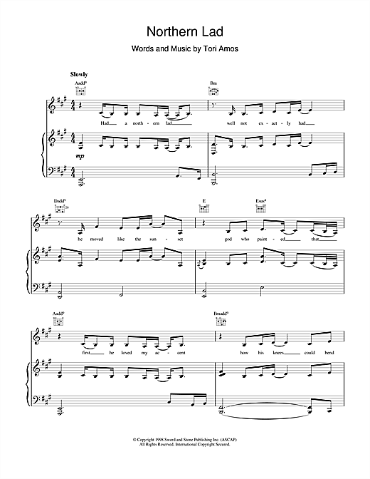 Preview Tori Amos Northern Lad Pop sheet music, notes and chords for Piano, Vocal & Guitar (Right-Hand Melody), SKU: 17796 sheet music, piano notes, chords, guitar tabs, score, transpose, transcribe, how to play, guide, download, learn, tutorial, progression, song, artist, awards, billboard, mtv, vh1, tour, single, album, release
