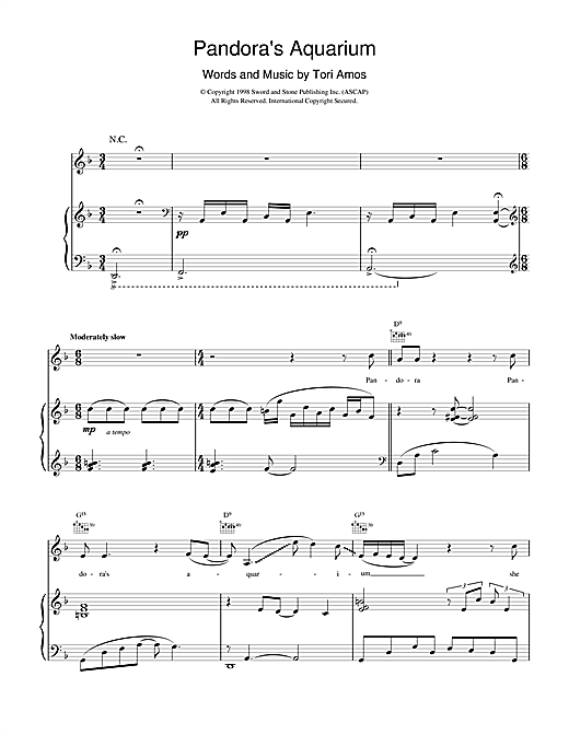 Preview Tori Amos Pandora's Aquarium Pop sheet music, notes and chords for Piano, Vocal & Guitar (Right-Hand Melody), SKU: 17797 sheet music, piano notes, chords, guitar tabs, score, transpose, transcribe, how to play, guide, download, learn, tutorial, progression, song, artist, awards, billboard, mtv, vh1, tour, single, album, release
