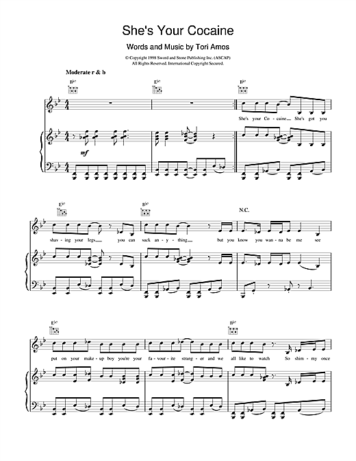 Preview Tori Amos She's Your Cocaine Pop sheet music, notes and chords for Piano, Vocal & Guitar (Right-Hand Melody), SKU: 17800 sheet music, piano notes, chords, guitar tabs, score, transpose, transcribe, how to play, guide, download, learn, tutorial, progression, song, artist, awards, billboard, mtv, vh1, tour, single, album, release