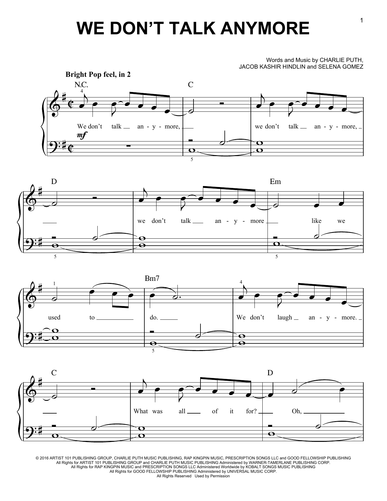 Preview Charlie Puth We Don't Talk Anymore (feat. Selena Gomez) Pop sheet music, notes and chords for Easy Piano, SKU: 178176 sheet music, piano notes, chords, guitar tabs, score, transpose, transcribe, how to play, guide, download, learn, tutorial, progression, song, artist, awards, billboard, mtv, vh1, tour, single, album, release