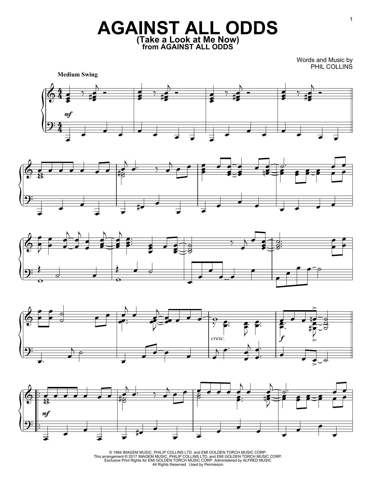 Preview Phil Collins Against All Odds (Take A Look At Me Now) Rock sheet music, notes and chords for Piano, SKU: 178207 sheet music, piano notes, chords, guitar tabs, score, transpose, transcribe, how to play, guide, download, learn, tutorial, progression, song, artist, awards, billboard, mtv, vh1, tour, single, album, release