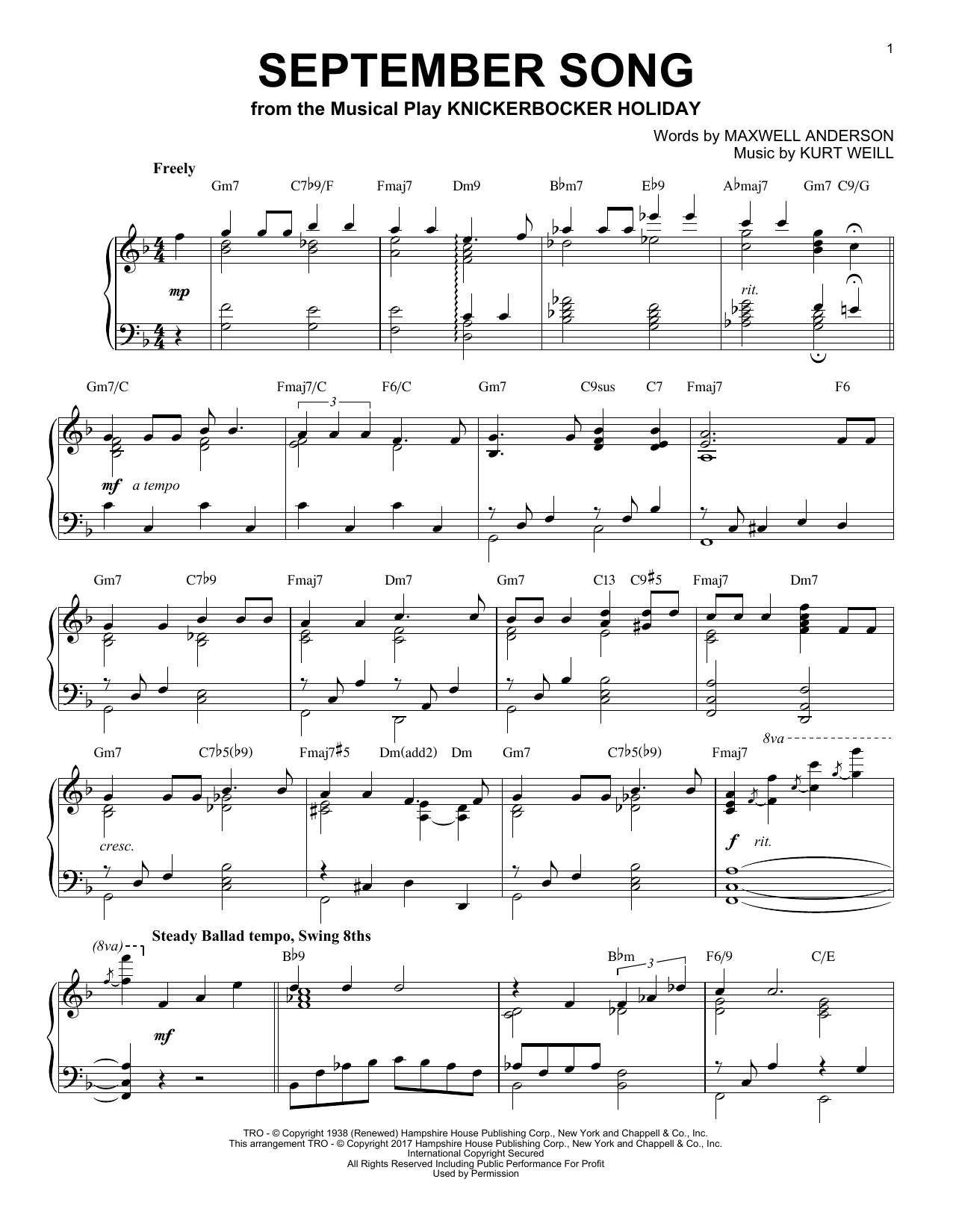 Preview Kurt Weill September Song Jazz sheet music, notes and chords for Piano, SKU: 178433 sheet music, piano notes, chords, guitar tabs, score, transpose, transcribe, how to play, guide, download, learn, tutorial, progression, song, artist, awards, billboard, mtv, vh1, tour, single, album, release
