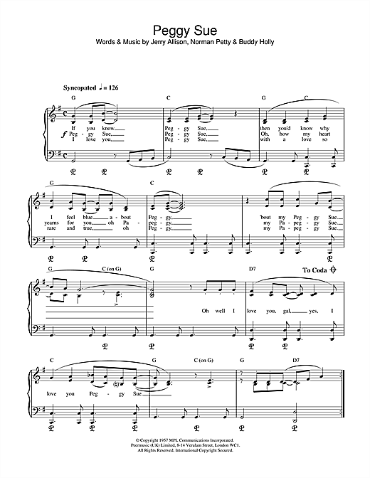 Preview Buddy Holly Peggy Sue Musicals sheet music, notes and chords for Piano, SKU: 17884 sheet music, piano notes, chords, guitar tabs, score, transpose, transcribe, how to play, guide, download, learn, tutorial, progression, song, artist, awards, billboard, mtv, vh1, tour, single, album, release