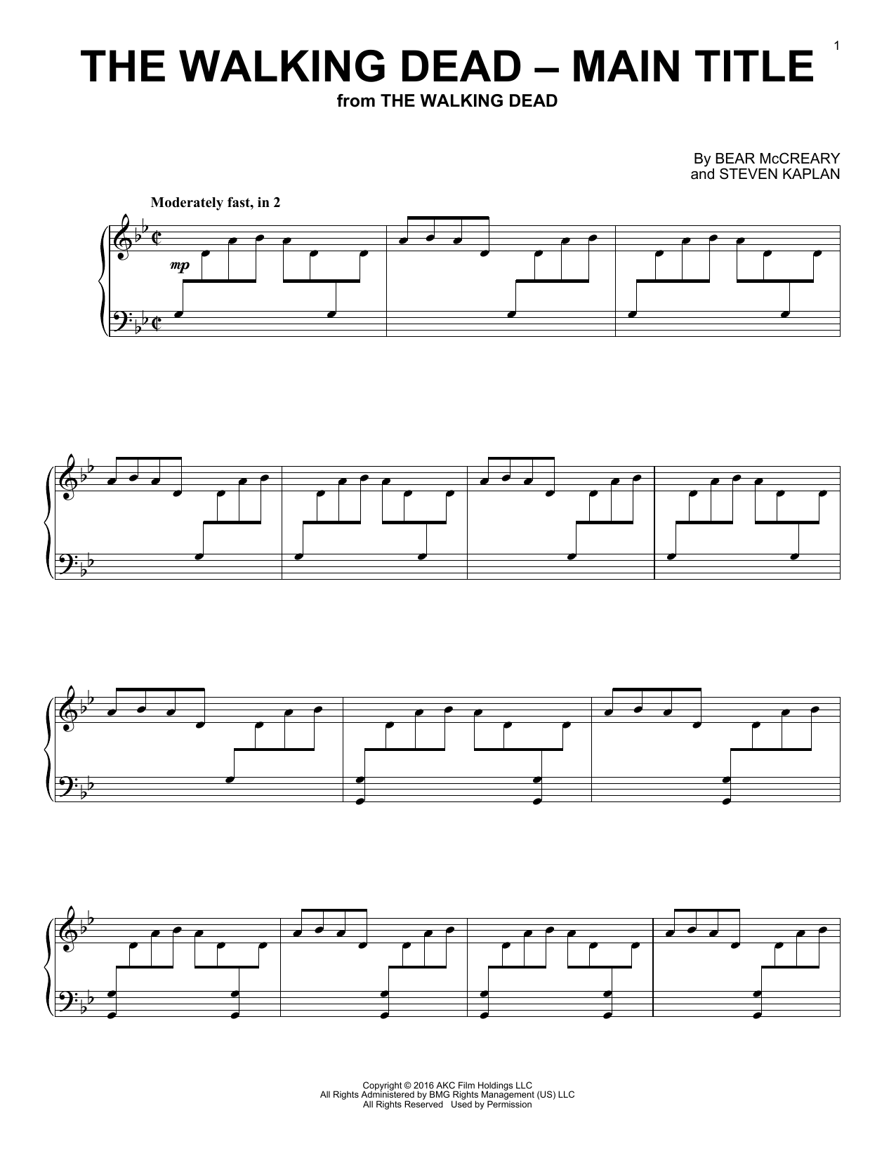 Preview Bear McCreary The Walking Dead - Main Title Film and TV sheet music, notes and chords for Piano, SKU: 178888 sheet music, piano notes, chords, guitar tabs, score, transpose, transcribe, how to play, guide, download, learn, tutorial, progression, song, artist, awards, billboard, mtv, vh1, tour, single, album, release