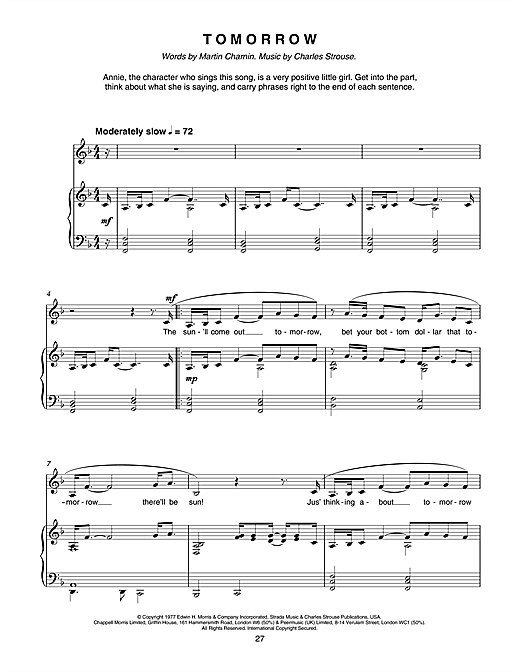 Preview Charles Strouse Tomorrow Musicals sheet music, notes and chords for Piano, SKU: 17888 sheet music, piano notes, chords, guitar tabs, score, transpose, transcribe, how to play, guide, download, learn, tutorial, progression, song, artist, awards, billboard, mtv, vh1, tour, single, album, release
