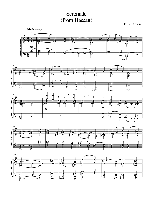 Preview Frederick Delius Serenade From Hassan Post-1900 sheet music, notes and chords for Piano, SKU: 17895 sheet music, piano notes, chords, guitar tabs, score, transpose, transcribe, how to play, guide, download, learn, tutorial, progression, song, artist, awards, billboard, mtv, vh1, tour, single, album, release