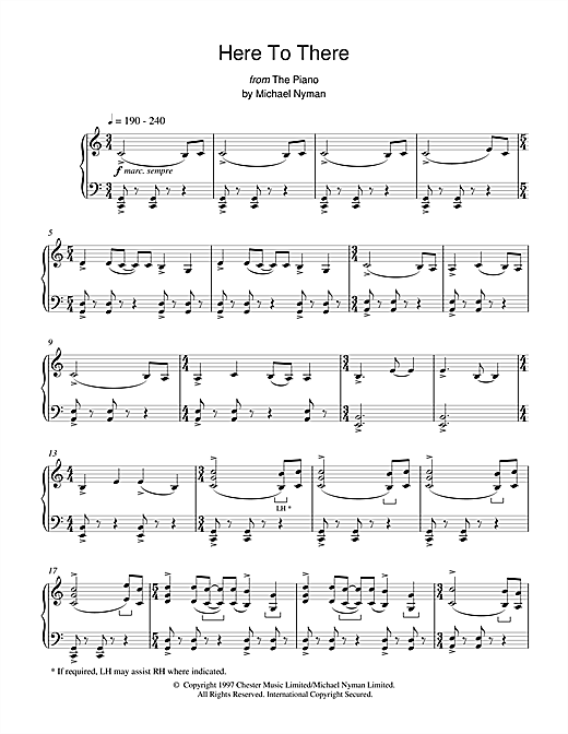 Preview Michael Nyman Here To There (from The Piano) Film and TV sheet music, notes and chords for Piano, SKU: 17920 sheet music, piano notes, chords, guitar tabs, score, transpose, transcribe, how to play, guide, download, learn, tutorial, progression, song, artist, awards, billboard, mtv, vh1, tour, single, album, release