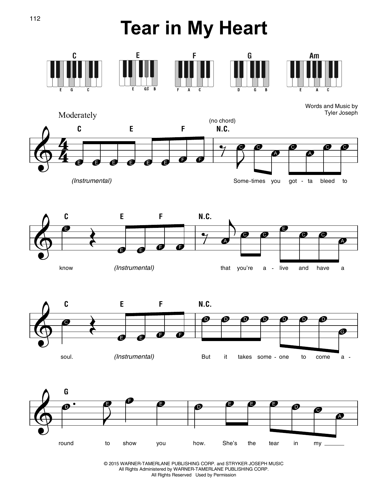 Preview Twenty One Pilots Tear In My Heart Rock sheet music, notes and chords for Super Easy Piano, SKU: 179368 sheet music, piano notes, chords, guitar tabs, score, transpose, transcribe, how to play, guide, download, learn, tutorial, progression, song, artist, awards, billboard, mtv, vh1, tour, single, album, release