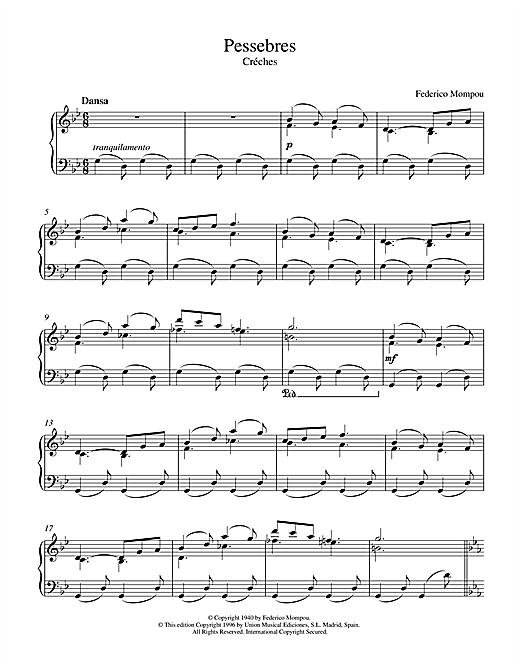 Preview Mompou Pessebres Creches I Post-1900 sheet music, notes and chords for Piano, SKU: 17946 sheet music, piano notes, chords, guitar tabs, score, transpose, transcribe, how to play, guide, download, learn, tutorial, progression, song, artist, awards, billboard, mtv, vh1, tour, single, album, release