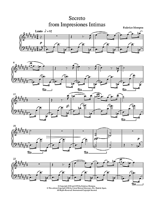 Preview Mompou Secreto From Impresiones Intimas Post-1900 sheet music, notes and chords for Piano, SKU: 17949 sheet music, piano notes, chords, guitar tabs, score, transpose, transcribe, how to play, guide, download, learn, tutorial, progression, song, artist, awards, billboard, mtv, vh1, tour, single, album, release