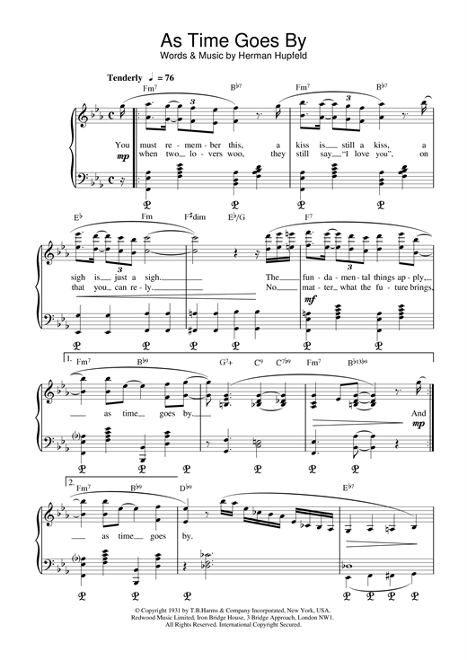 Preview H Hupfeld As Time Goes By Film and TV sheet music, notes and chords for Piano, Vocal & Guitar, SKU: 17954 sheet music, piano notes, chords, guitar tabs, score, transpose, transcribe, how to play, guide, download, learn, tutorial, progression, song, artist, awards, billboard, mtv, vh1, tour, single, album, release