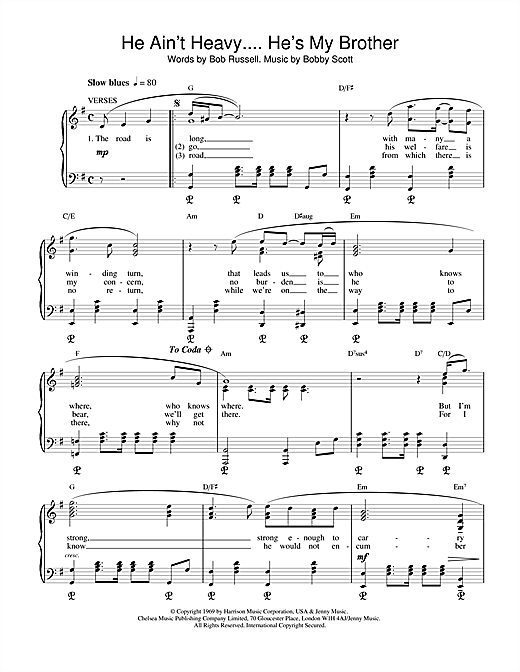 Preview The Hollies He Ain't Heavy, He's My Brother Pop sheet music, notes and chords for Piano & Vocal, SKU: 17959 sheet music, piano notes, chords, guitar tabs, score, transpose, transcribe, how to play, guide, download, learn, tutorial, progression, song, artist, awards, billboard, mtv, vh1, tour, single, album, release