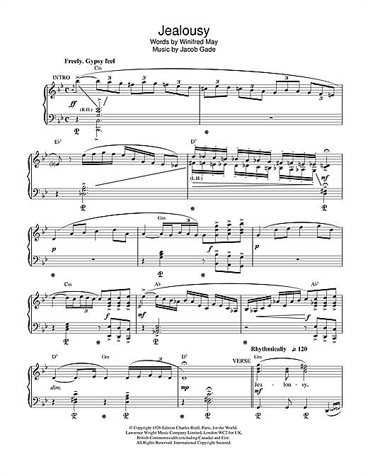 Preview W May Jealousy Film and TV sheet music, notes and chords for Piano, Vocal & Guitar (Right-Hand Melody), SKU: 17961 sheet music, piano notes, chords, guitar tabs, score, transpose, transcribe, how to play, guide, download, learn, tutorial, progression, song, artist, awards, billboard, mtv, vh1, tour, single, album, release