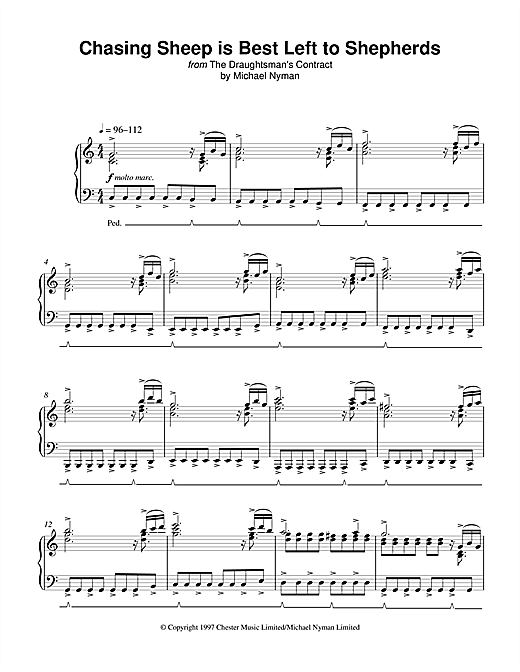 Preview Michael Nyman Chasing Sheep Is Best Left To Shepherds (from The Draughtsman's Contract) Film and TV sheet music, notes and chords for Piano, SKU: 17970 sheet music, piano notes, chords, guitar tabs, score, transpose, transcribe, how to play, guide, download, learn, tutorial, progression, song, artist, awards, billboard, mtv, vh1, tour, single, album, release