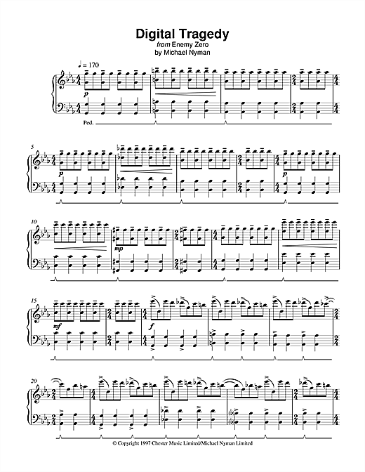 Preview Michael Nyman Digital Tragedy (from Enemy Zero) Film and TV sheet music, notes and chords for Piano, SKU: 17971 sheet music, piano notes, chords, guitar tabs, score, transpose, transcribe, how to play, guide, download, learn, tutorial, progression, song, artist, awards, billboard, mtv, vh1, tour, single, album, release