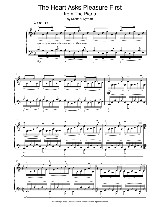 Preview Michael Nyman The Heart Asks Pleasure First: The Promise/The Sacrifice (from The Piano) Post-1900 sheet music, notes and chords for Piano, SKU: 17975 sheet music, piano notes, chords, guitar tabs, score, transpose, transcribe, how to play, guide, download, learn, tutorial, progression, song, artist, awards, billboard, mtv, vh1, tour, single, album, release