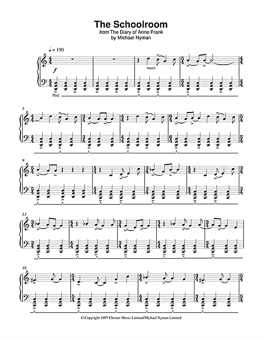 Preview Michael Nyman The Schoolroom (from The Diary Of Anne Frank) Film and TV sheet music, notes and chords for Piano, SKU: 17976 sheet music, piano notes, chords, guitar tabs, score, transpose, transcribe, how to play, guide, download, learn, tutorial, progression, song, artist, awards, billboard, mtv, vh1, tour, single, album, release