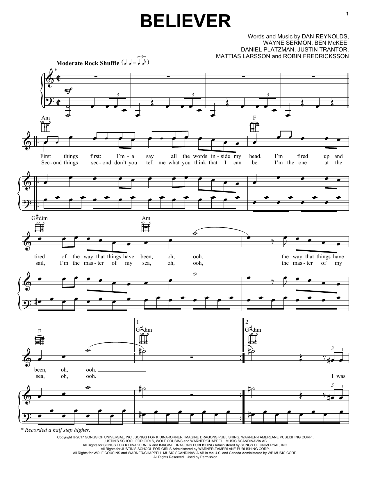 Preview Imagine Dragons Believer Pop sheet music, notes and chords for Piano, Vocal & Guitar (Right-Hand Melody), SKU: 179796 sheet music, piano notes, chords, guitar tabs, score, transpose, transcribe, how to play, guide, download, learn, tutorial, progression, song, artist, awards, billboard, mtv, vh1, tour, single, album, release