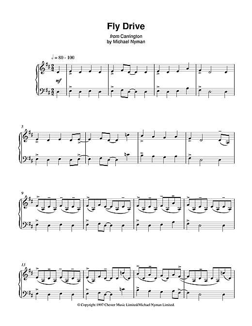 Preview Michael Nyman Fly Drive (from Carrington) Film and TV sheet music, notes and chords for Piano, SKU: 17979 sheet music, piano notes, chords, guitar tabs, score, transpose, transcribe, how to play, guide, download, learn, tutorial, progression, song, artist, awards, billboard, mtv, vh1, tour, single, album, release