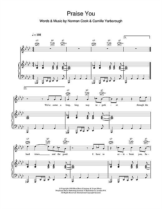 Preview Fatboy Slim Praise You Pop sheet music, notes and chords for Piano, Vocal & Guitar, SKU: 17982 sheet music, piano notes, chords, guitar tabs, score, transpose, transcribe, how to play, guide, download, learn, tutorial, progression, song, artist, awards, billboard, mtv, vh1, tour, single, album, release