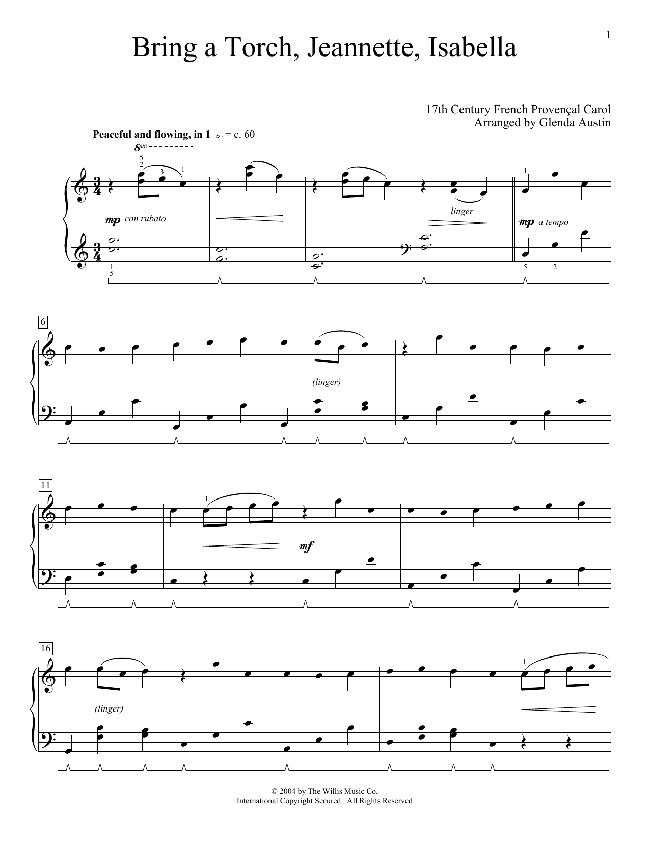Preview 17th Century French Carol Bring A Torch, Jeannette, Isabella (arr. Glenda Austin) Christmas sheet music, notes and chords for Piano Solo, SKU: 420994 sheet music, piano notes, chords, guitar tabs, score, transpose, transcribe, how to play, guide, download, learn, tutorial, progression, song, artist, awards, billboard, mtv, vh1, tour, single, album, release