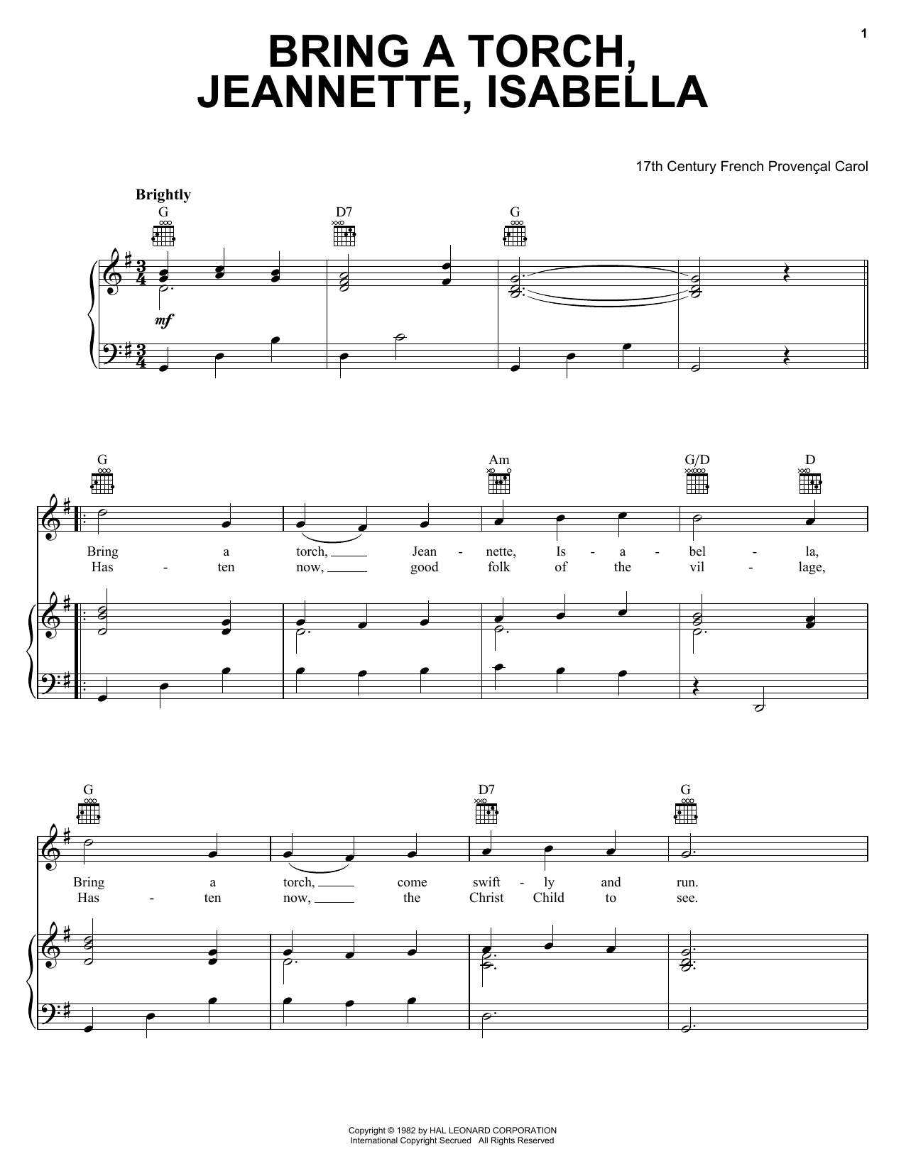 Preview 17th Century French Carol Bring A Torch, Jeannette Isabella Folk sheet music, notes and chords for Piano, Vocal & Guitar (Right-Hand Melody), SKU: 24486 sheet music, piano notes, chords, guitar tabs, score, transpose, transcribe, how to play, guide, download, learn, tutorial, progression, song, artist, awards, billboard, mtv, vh1, tour, single, album, release